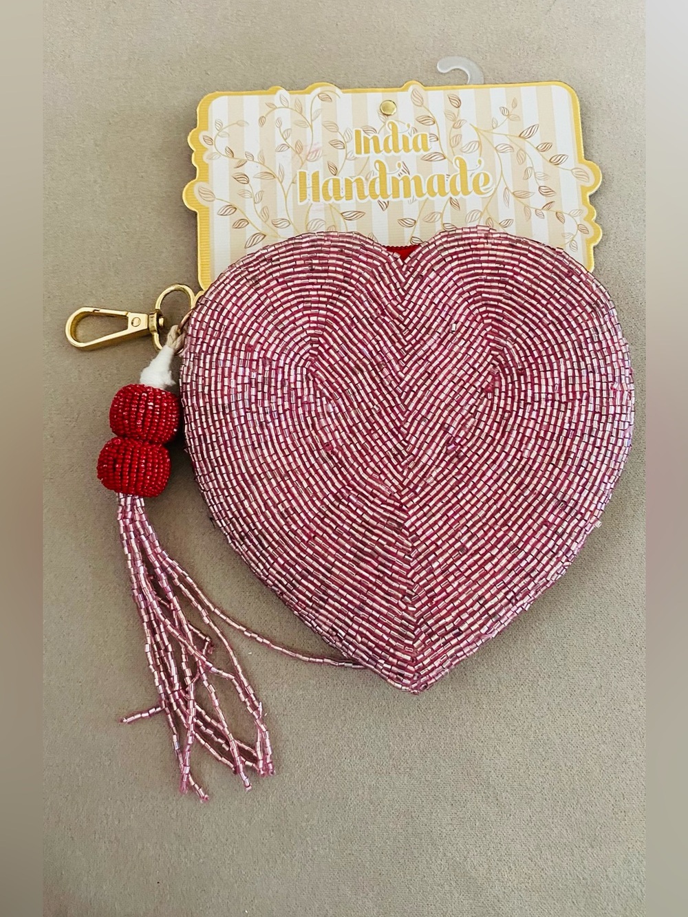 Handmade Beaded Heart Coin Purse - Pink. NWT